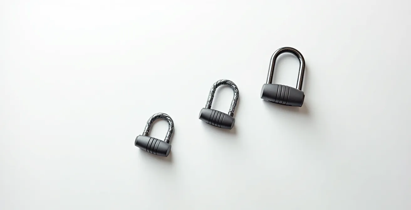 Trois antivols de différentes gammes disposés sur surface neutre montrant la progression de robustesse