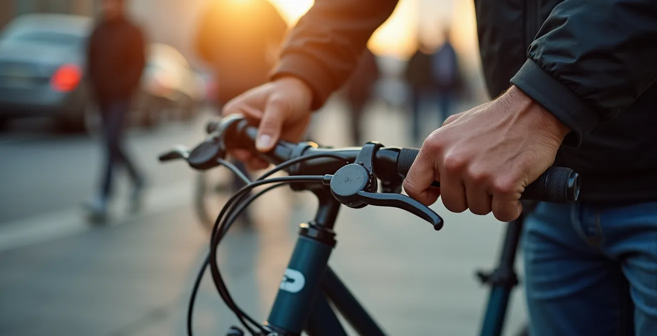 Personne attachant son vélo électrique à un arceau urbain avec plusieurs antivols