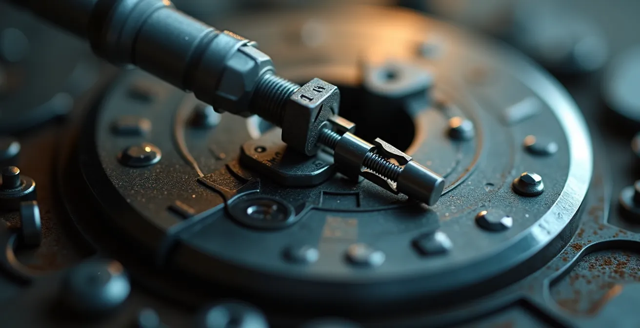 Détail macro d'un mécanisme de serrure haute sécurité