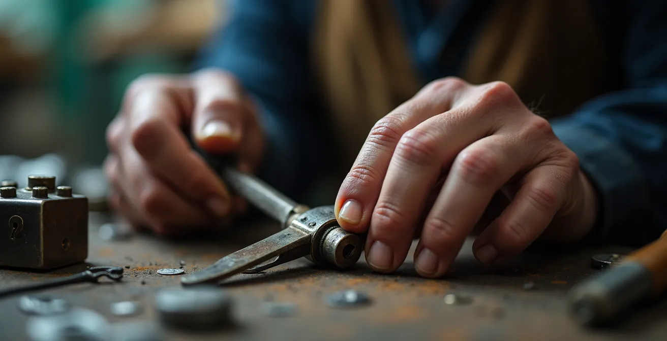 Main experte analysant mécanisme de serrure avec outils professionnels