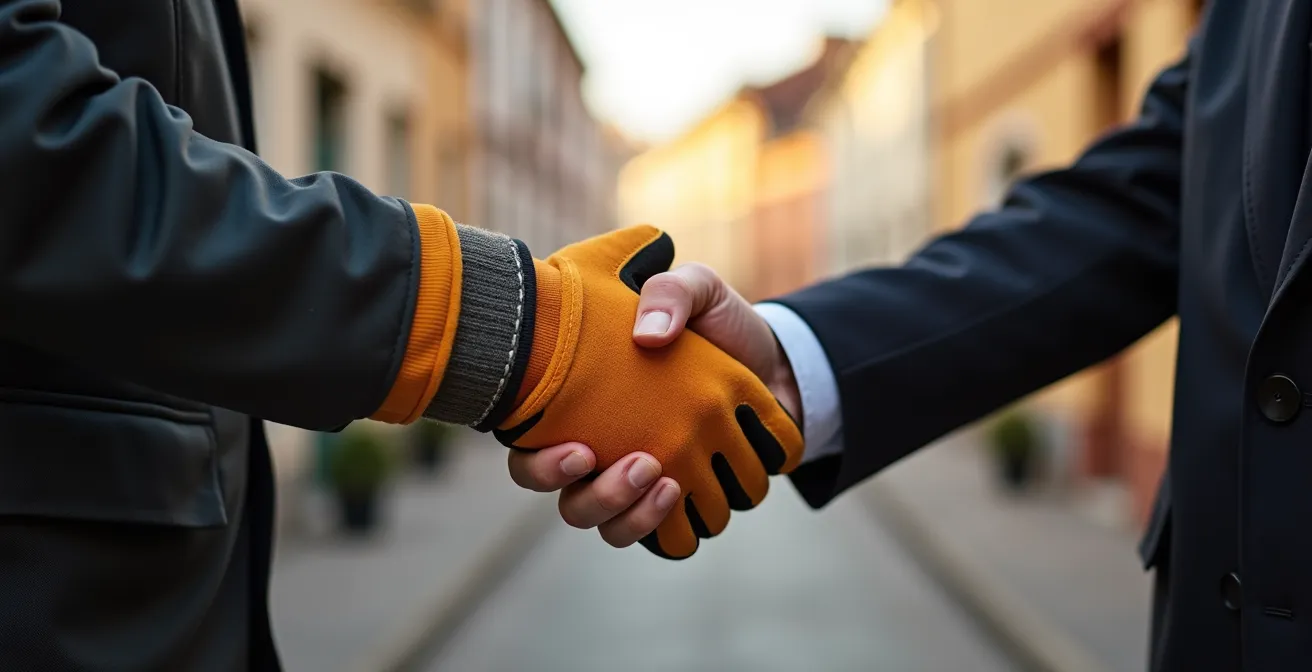 Poignée de main entre professionnels locaux symbolisant la confiance