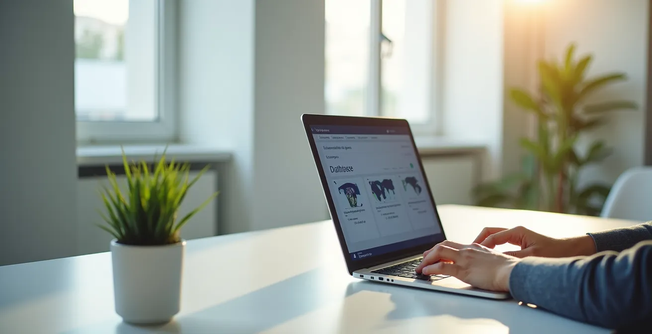 Vérification du registre BCE sur ordinateur portable dans un bureau